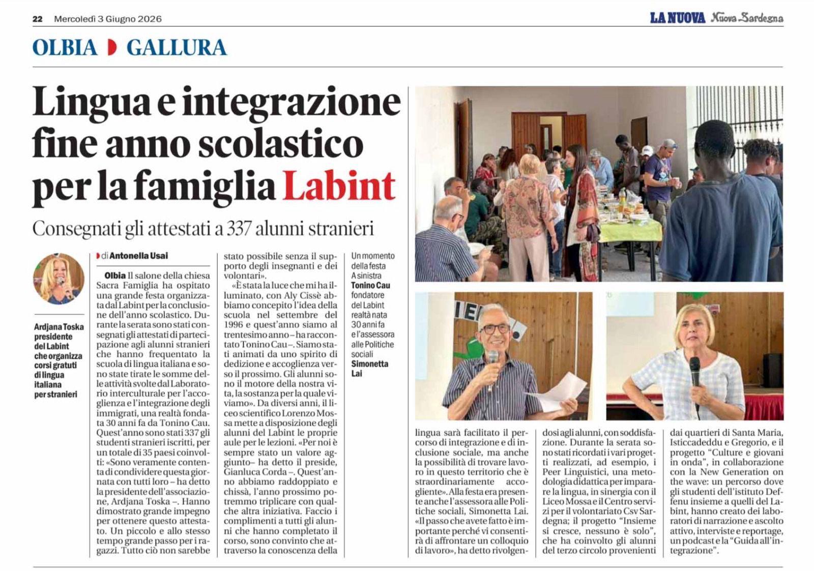 Articolo de La Nuova Sardegna sulla consegna degli attestati LABINT 2026